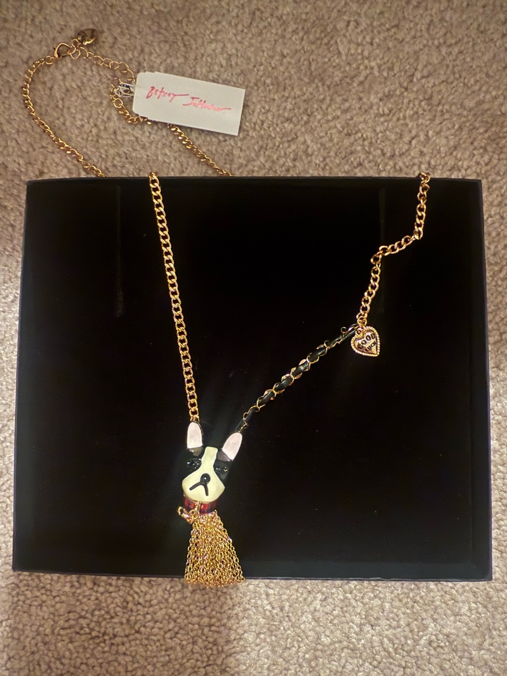 Betsey Johnson Gold Tone Black & Cream Dog Tassel Pendant Necklace